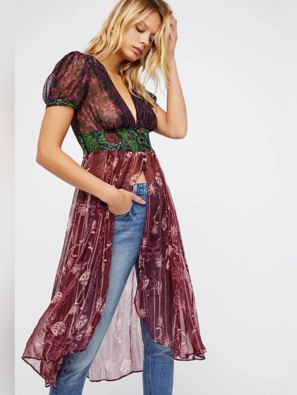 Free People Daisy Fields Sheer Maxi Top Mixed-floral Whimsigoth Fairycore Small